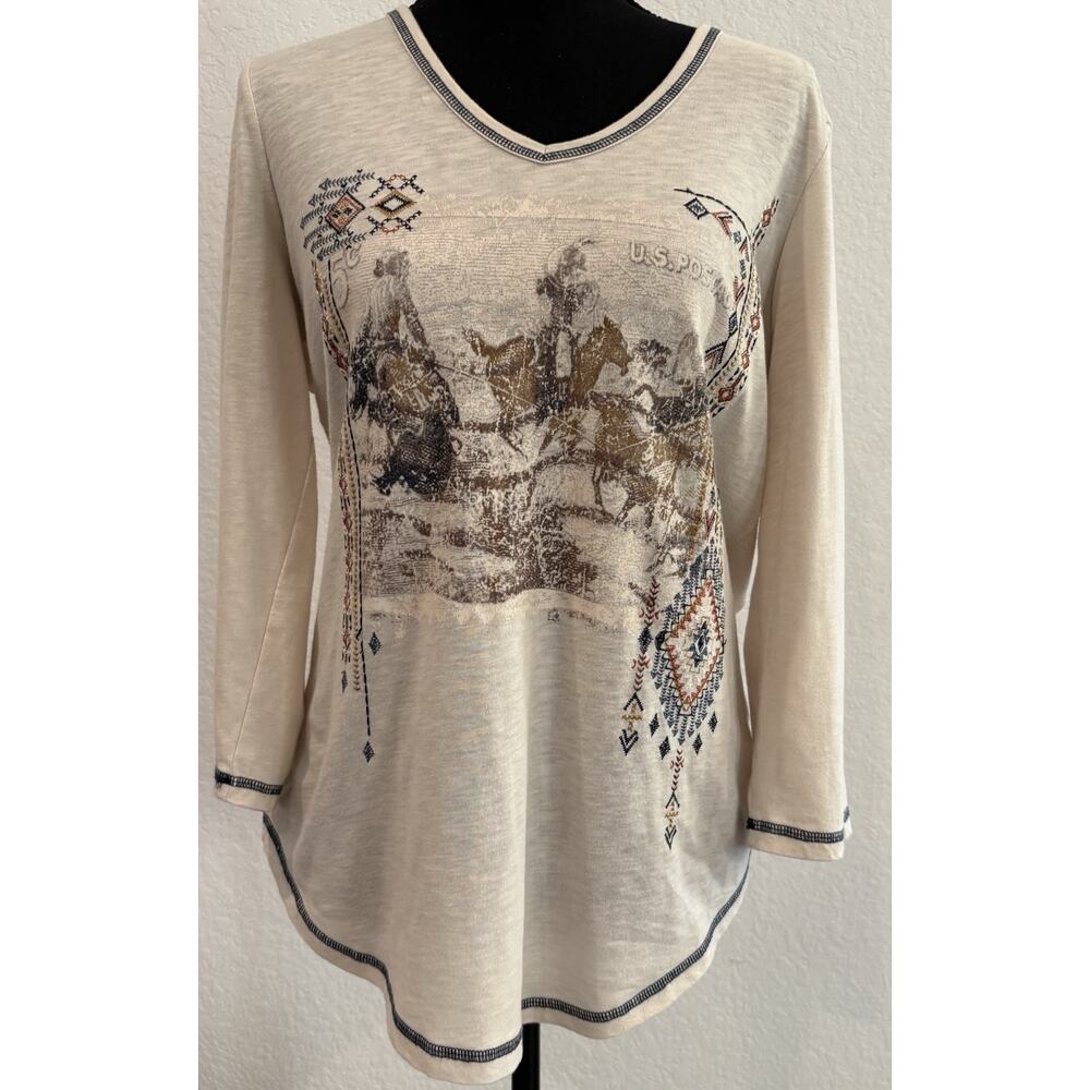 Reba Postage Stamp Western Embroidered Cream Knit Top Size L Based On Msmts